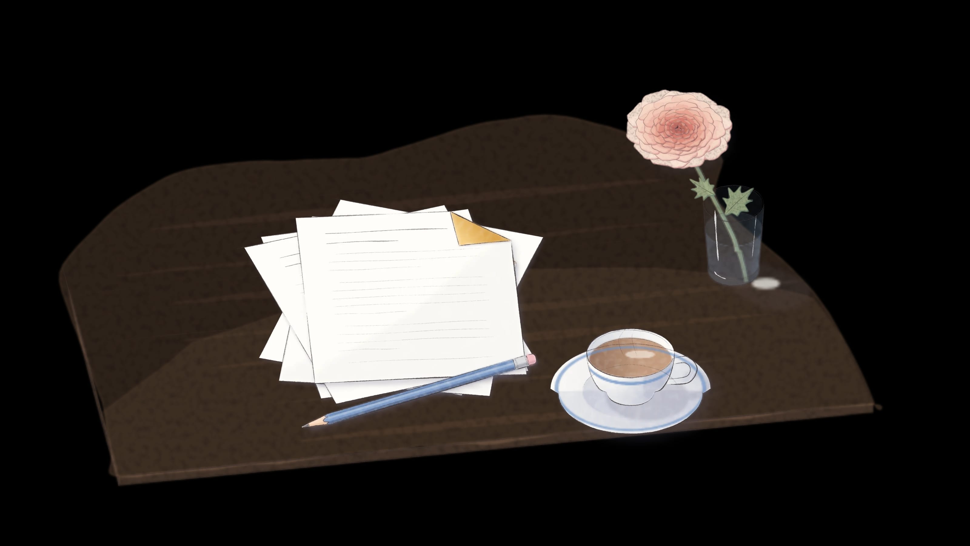 A watercolour of a desk corner: a pile of papers with their corners folded down, a cup of tea, a pencil and a ranunculus.